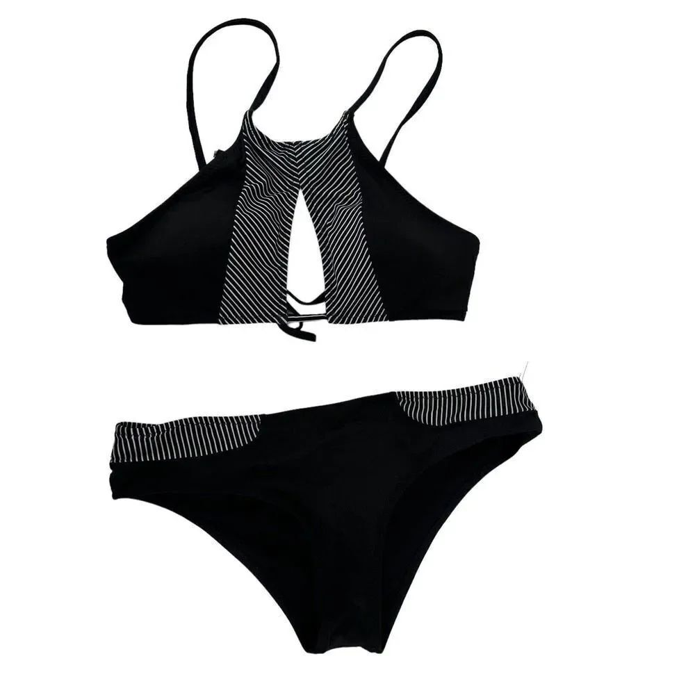 High Neck Bikini Set Black Keyhole Womens Large Swimwear Stripe Detail C Apparel